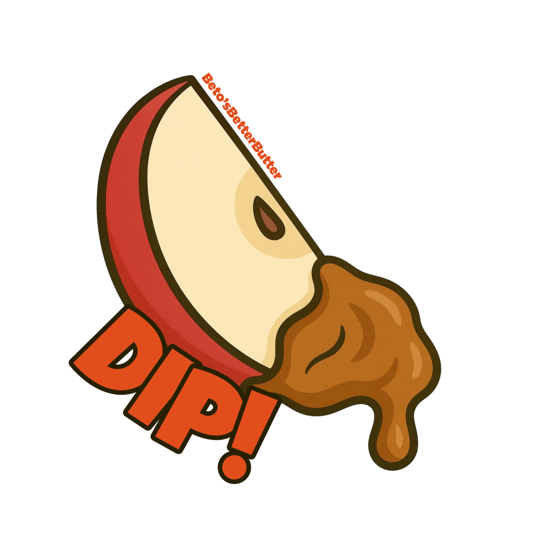 Illustration of an apple slice with walnut butter and 'DIP!' text on a transparent background