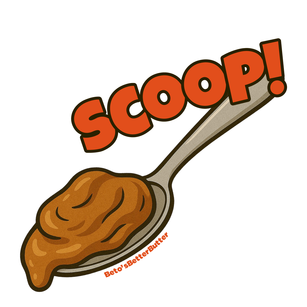 Spoon with walnut butter and 'SCOOP!' text on a transparent background