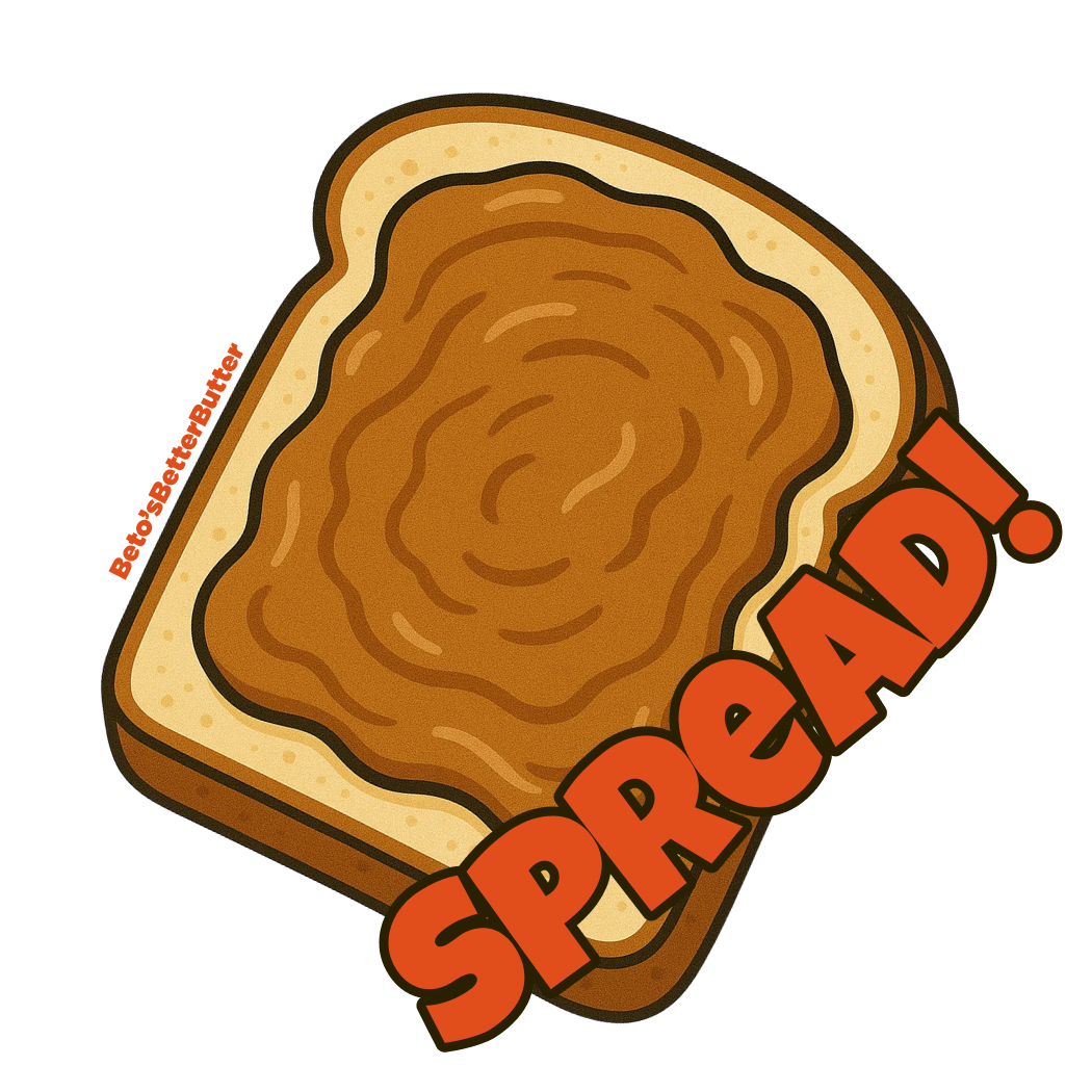 Illustration of toast with walnut butter spread and the text 'SPREAD!'