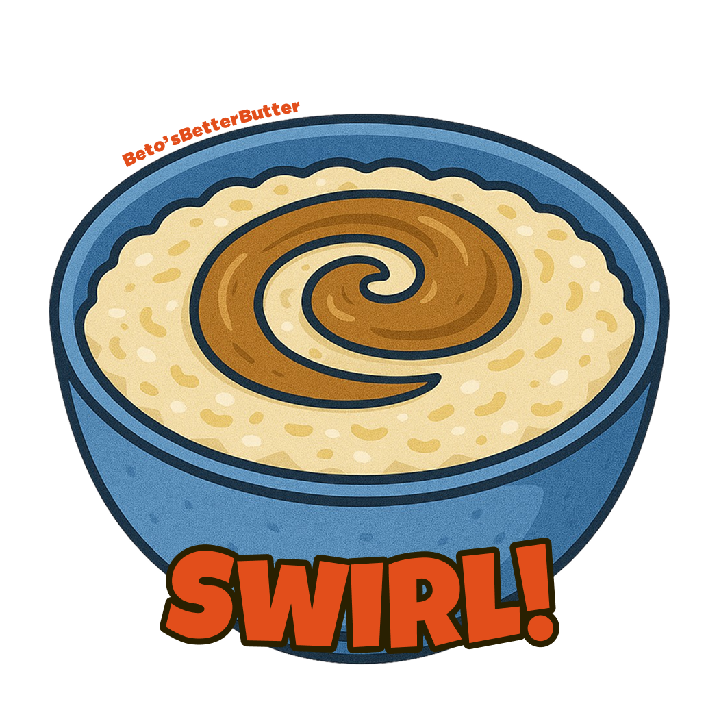 Illustration of a blue bowl with oatmeal and a swirl of walnut butter and the text 'SWIRL!'